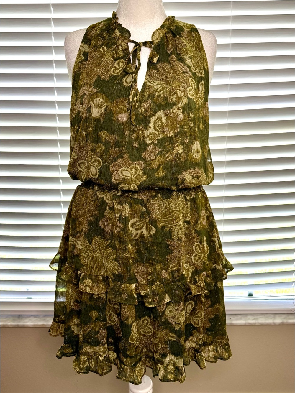 Socialite Floral Halter-Tie Olive Mini Dress with Ruffle‎ Tiers